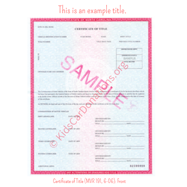 This is an Example of South Dakota Certificate of Title (MVR 191, 6-06)- Front View | Kids Car Donations